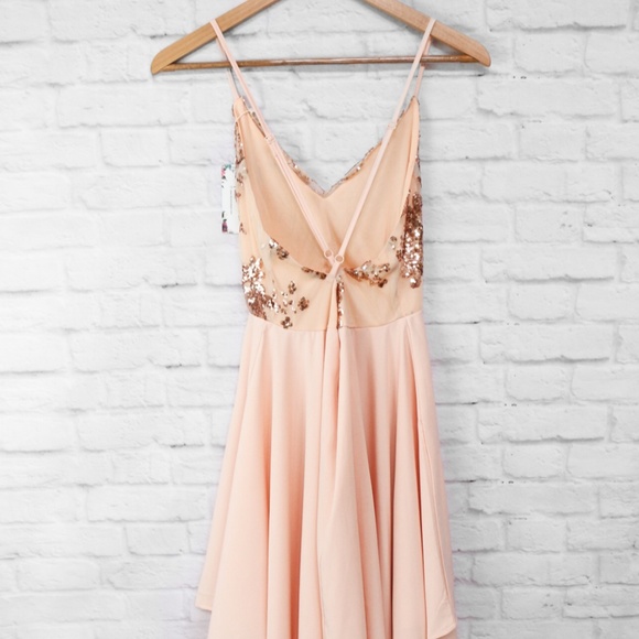 Rose Gold Sequin Long Dress Asymmetrical Hem Blush - Picture 2 of 8
